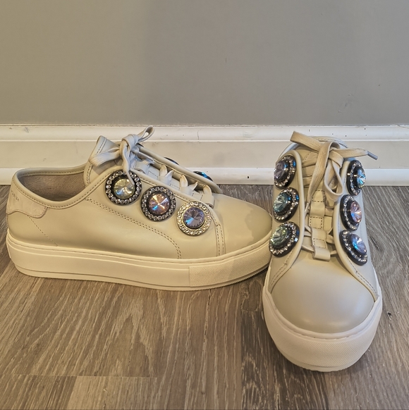 Kurt Geiger Beige Rhinestone Bling Sneakers - Picture 4 of 9
